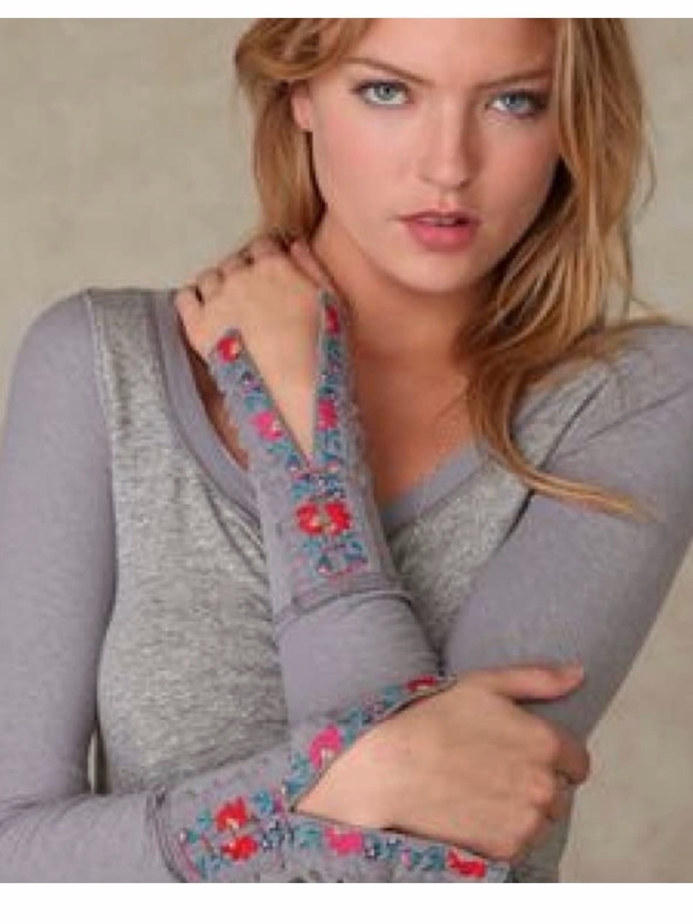 Free People Gray Long-Sleeve Top with Pink & Red Floral Embroidery